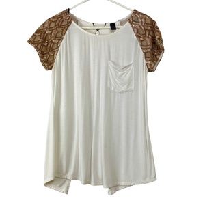 BKE Cream Bias Cut Flowy T-Shirt with Copper Sequin Short Sleeves